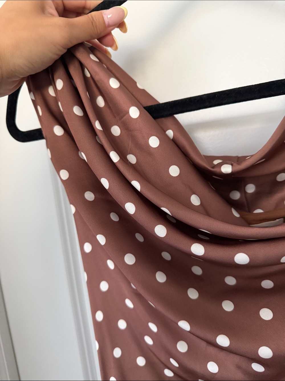 Brown Polka Dot Cowl Neck Midi Dress - Picture 7 of 15